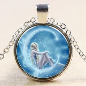 Fairy upon Crescent Moon Glass Dome 18" Necklace